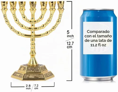 Vista 3 de Menorá 12 Tribus de Israel, soporte de velas judío, templo de Jerusalén, 7 ramas (12.7 cm, dorado)