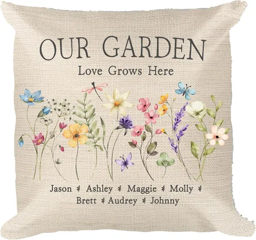 Vista 7 de Almohada personalizada con diseño de flores silvestres del jardín de la abuela con nombres de nietos, regalo de apellido familiar, perfecta