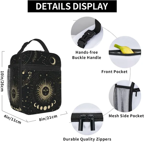 Vista 5 de Sun and Moon Mystic Goth Witchy Fiambrera reutilizable con aislamiento, bolsa de almuerzo térmica para niños, niñas, escuela, hombres, mujeres