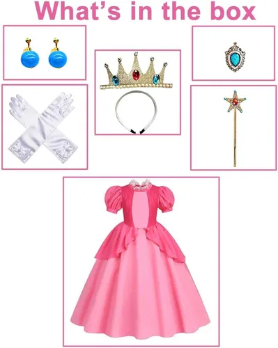 Vista 4 de Magwei Princess Peach Costume Dress for Girls Kids Super Bros Cosplay with Accessories Halloween Party Dress Up Outfit 3-12Y