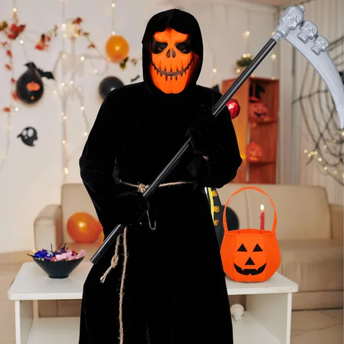 Vista 6 de Toulite Disfraz de calabaza de espantapájaros de Halloween, juego de disfraz de calabaza parca de calabaza, máscara de calabaza, bolsa de dulces