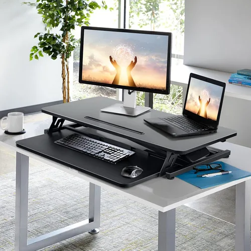 Vista 8 de Convertidor de escritorio de pie de 32 pulgadas de altura ajustable con bandeja extraíble para teclado, elevador de escritorio grande, resorte