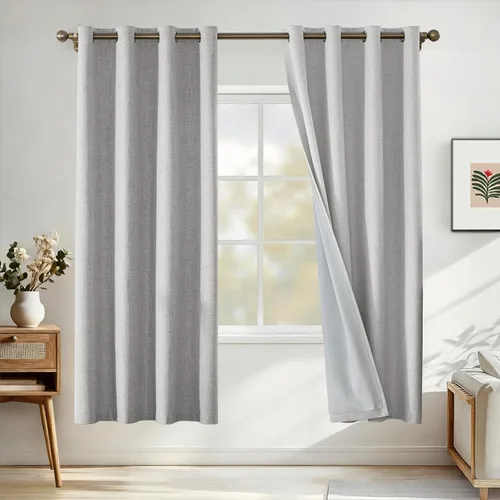Vista 47 de Cortinas 100% opacas para dormitorio, cortinas opacas de 63 pulgadas de largo, cortinas opacas de lino para sala de estar, cortinas con ojales