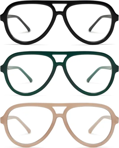 Vista 7 de AMOMOMA Paquete de 3 Gafas de Lectura Aviador Retro Extragrandes para Mujeres y Hombres, Marco Grande Clásico con Filtro de Luz Azul