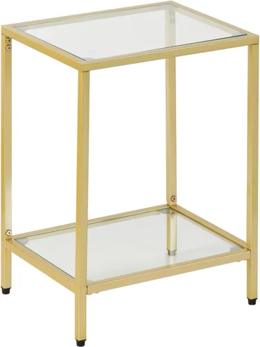 Vista 10 de Gawicpy Moderna mesa auxiliar de vidrio templado de 2 niveles, elegante mesa auxiliar de metal negro para espacios pequeños, perfecta para sala