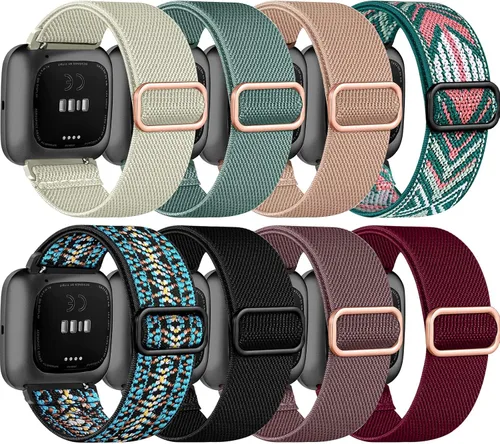 Vista 18 de Paquete de 8 bandas elásticas compatibles con Fitbit Versa 2/Lite/SE para mujeres y hombres, correa trenzada de nailon elástico ajustable Solo Loop