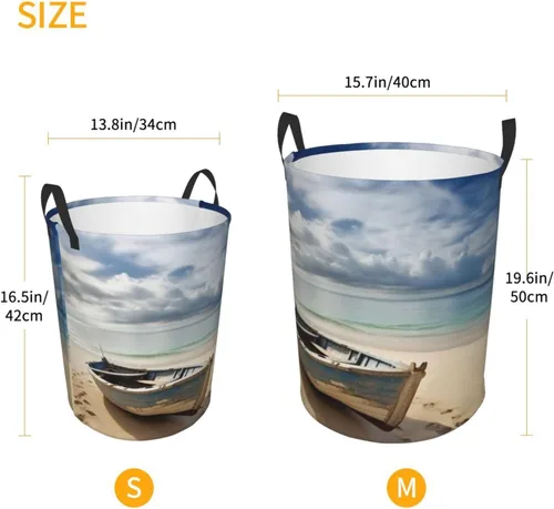Vista 5 de Boat on the Beach print Circular Hamper Waterproof Storage Bin Organizer Basket Laundry Hamper With Handles For Clothes Toys Small