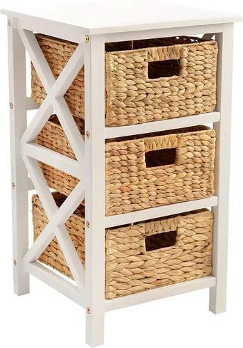 Vista 17 de eHemco Mesa auxiliar de 3 niveles con diseño en X y cestas de mimbre para mesita de noche, sala de estar, negro 3 cestas de mimbre, para mesita