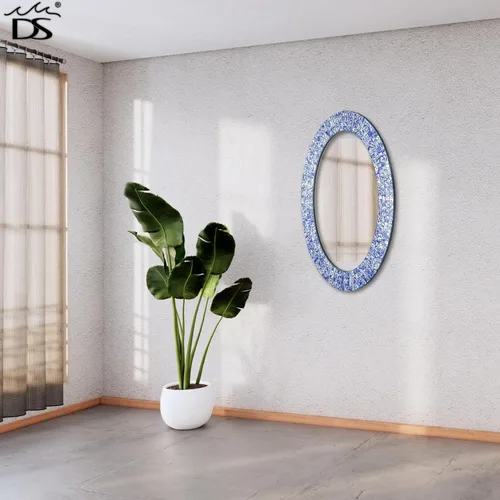 Vista 6 de Espejo decorativo tradicional de mosaico – 32 x 24 pulgadas de forma ovalada colgante azul espejo de pared