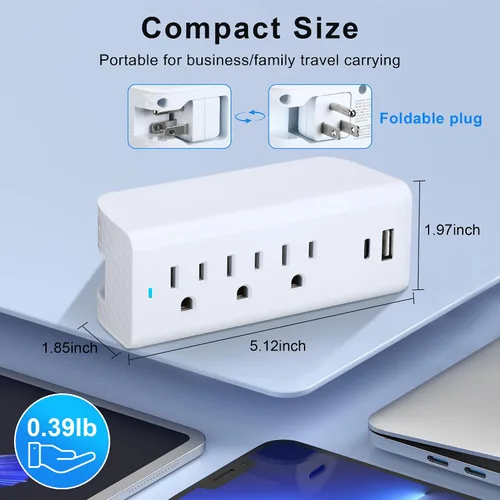 Vista 5 de Extensor de toma de corriente múltiple, 3 puertos AC+2 USB A y C con luz indicadora, estación de carga de 3 clavijas 15A/125V/1875W, grifo de pared