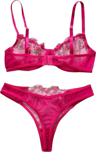 Vista 3 de Lilosy Conjunto de lencería sexy floral bordado de malla con aros