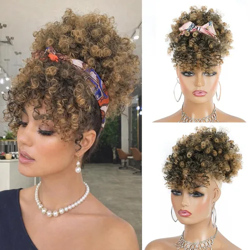Vista 13 de Cola de caballo con cordón para mujeres negras Afro Puff Cola de caballo con cordón con flequillo Cola de caballo corta crespa y rizada Moño cola