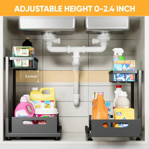 Vista 2 de Saydear Organizador de almacenamiento para debajo del fregadero, organizador de armario de cocina extraíble de 2 niveles con cajón deslizante, Negro