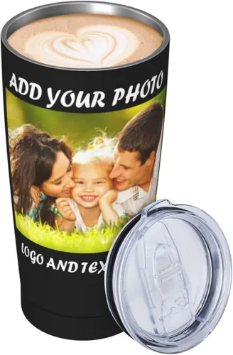 Vista 2 de Vaso de café personalizado con imagen, texto, nombre, logotipo, foto personalizada, vaso de acero inoxidable de 20 onzas con tapa y aislamiento al