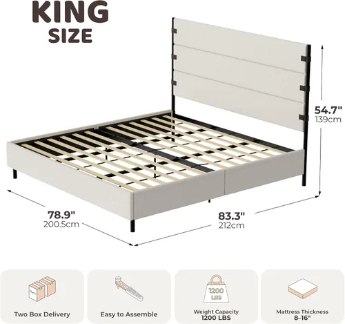 Vista 2 de RECCI Base de cama tapizada tamaño King con cabecero alto con cinturón Crema Boucle