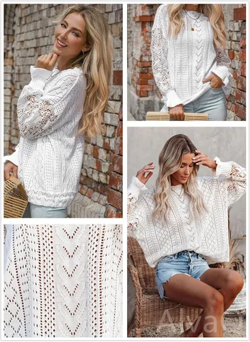 Vista 4 de AlvaQ - Suéter para mujer, de encaje de ganchillo, manga larga, cuello redondo, tejido de punto para invierno, sin botones