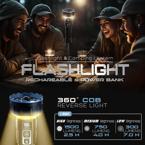 Vista 3 de Linterna recargable, 35000LM linternas tácticas brillantes, 4000 mAh con pantalla LCD, luz de flash potente ajustable con 3 modos de linterna
