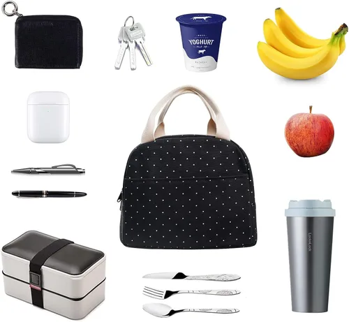 Vista 4 de EurCross Bolsa de almuerzo negra compacta mejorada para niñas y mujeres, de lona, reutilizable, aislada, con lunares, bolsa de almuerzo