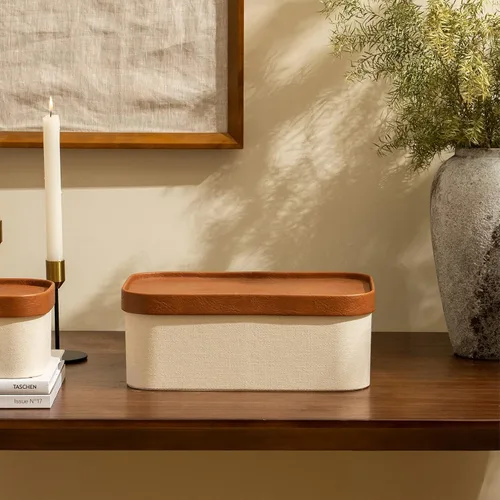Vista 4 de Cajas de almacenamiento decorativas beige con tapas, cestas de almacenamiento con tapas similares al cuero, cajas de papel apilables resistentes