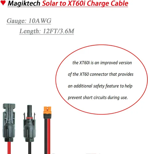 Vista 2 de Kit de panel solar resistente de 10 AWG de 12 pies, cable de carga a conectores XT60i, adaptador para estaciones de energía portátiles, generadores
