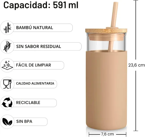 Vista 3 de Tronco Vaso de vidrio de 20 onzas con tapa y popote, taza de café helado y vaso para batido con tapas de bambú y funda protectora de silicona, apto