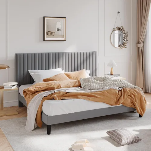 Vista 15 de SHA CERLIN Base de cama de plataforma tapizada completa con cabecera ajustable, tela de terciopelo capitoné de canal vertical, soporte de listones