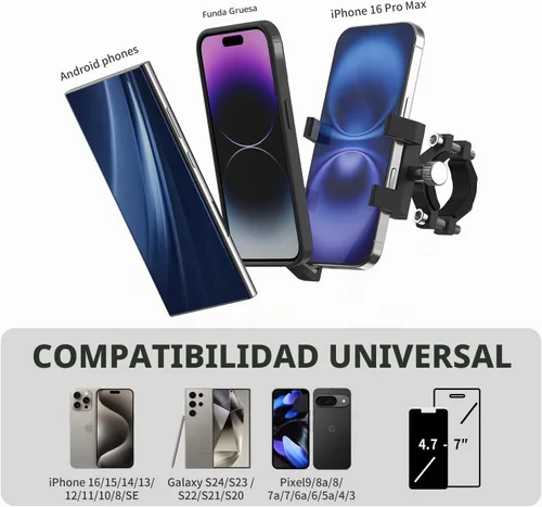 Vista 6 de Soporte universal de teléfono de aluminio para bicicleta, soporte universal para teléfono celular para todos los teléfonos de 4 a 7 pulgadas