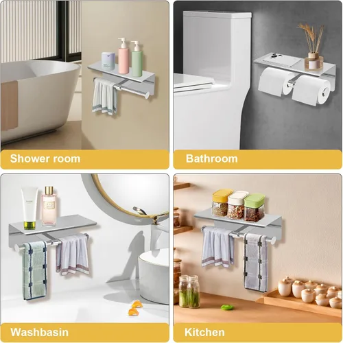 Vista 6 de Soporte doble de papel higiénico, soporte de papel de seda de acero inoxidable con estante, dispensador de papel higiénico antioxidante, montado
