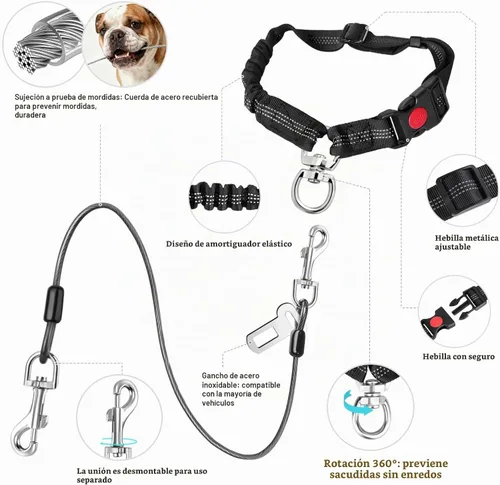 Vista 2 de Idepet Cinturón de seguridad para perro para coche de acero inoxidable 3 en 1 cinturón de seguridad para perro, color negro