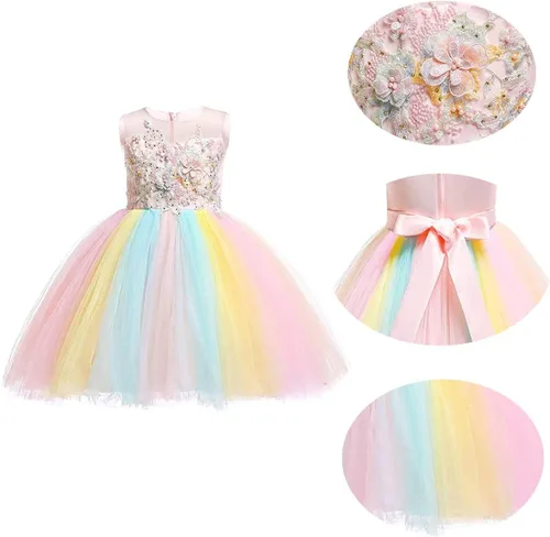 Vista 9 de Vestido de cumpleaños de unicornio para bebé, disfraz de princesa, Halloween, cosplay, Navidad, carnaval, fiesta con diadema