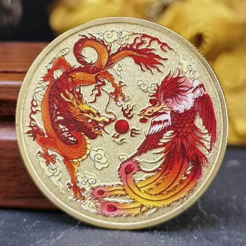 Vista 5 de Colorido dragón chino y fénix moneda de la suerte - Rascador de boletos de lotería - Atrae buena fortuna - Moneda de desafío de buena suerte
