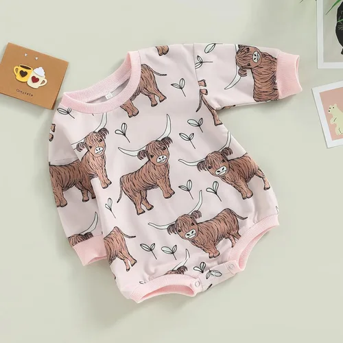 Vista 3 de Ropa occidental para bebé, niño, niña, sudadera con estampado de vaca de las tierras altas, mameluco de burbujas, traje de vaquero para bebé