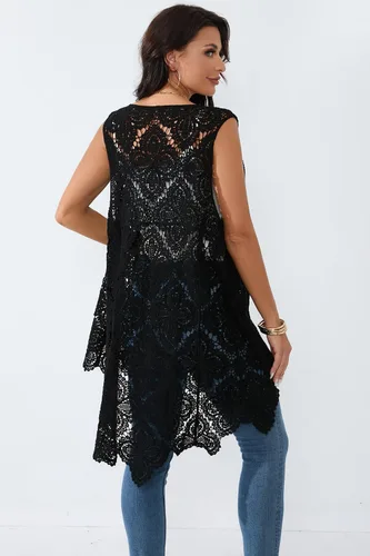Vista 2 de Chaleco de encaje de ganchillo para mujer, estilo bohemio, sin mangas, kimono con dobladillo irregular