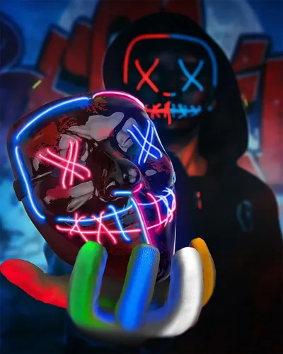 Vista 4 de Máscara de carnaval de Halloween, guantes de esqueleto, máscara de la purga, guantes luminosos, disfraces de Halloween aterradores para adultos