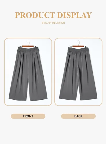 Vista 4 de Eytino Pantalones de pierna ancha para mujer, talla grande, casual, holgados, fruncidos, de cintura alta, pantalones palazzo (1X-5X)