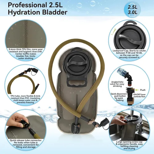 Vista 5 de MARCHWAY Mochila de Hidratación Táctica Molle con Vejiga de Agua de TPU de 2.5L, Mochila Militar Organizada de Perfil Bajo para Senderismo, Canela