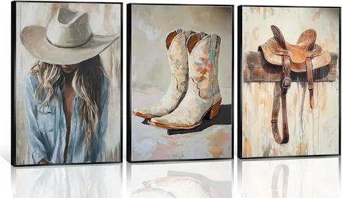 Vista 13 de 2 piezas de arte de pared enmarcado de vaquera occidental con sombrero chica vaquera y caballo, impresión en lienzo, póster, pintura al óleo