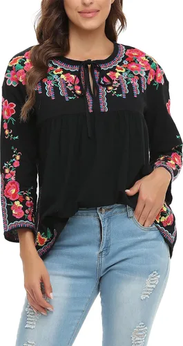 Vista 2 de YZXDORWJ Camisa bordada mexicana para mujer