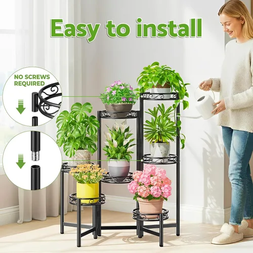 Vista 6 de Soporte de metal para plantas de 7 niveles, estante alto de hierro forjado para plantas para interiores, exteriores, soporte plegable alto