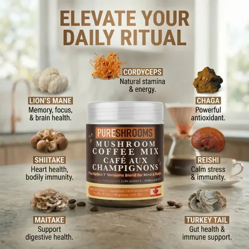 Vista 4 de PureShrooms Perfect 7 - Café de hongos – Arábica instantánea de origen único con melena de león orgánica, Reishi y Cordyceps – Bebida