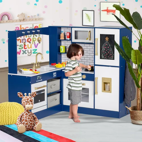 Vista 8 de BRINJOY Cocina de Juego de Esquina para Niños, Juego de Cocina de Madera para Niños Pequeños con Grifo, Fregadero, Microondas, Horno, Delantal