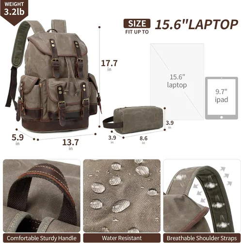 Vista 2 de Wogarl Mochila de lona de cuero vintage, Verde militar, Mediana, Ocio