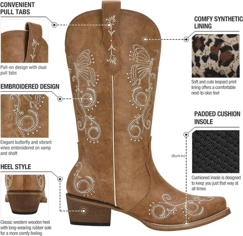 Vista 3 de Rollda Botas vaqueras para mujer, botas vaqueras bordadas a media pantorrilla, botas occidentales para mujer, botas desgastadas con pestañas