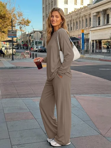 Vista 3 de Trendy Queen Conjunto de 2 piezas de otoño para mujer, tops de gran tamaño Caqui