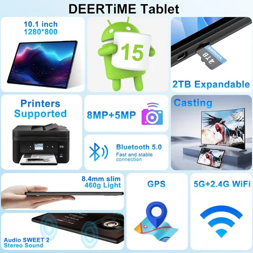 Vista 5 de Tableta Android 15 de 10 pulgadas con teclado, 30 GB de RAM 64 GB ROM 2.0 GHz Octa-Core, cámara dual, expansión de 2 TB, Widevine L1, WiFi 5G, BT