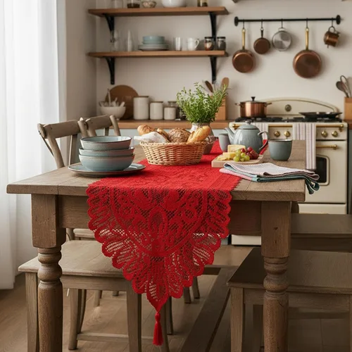 Vista 4 de mookaitedecor Camino de mesa de encaje rojo para decoración de café de fiesta de Navidad