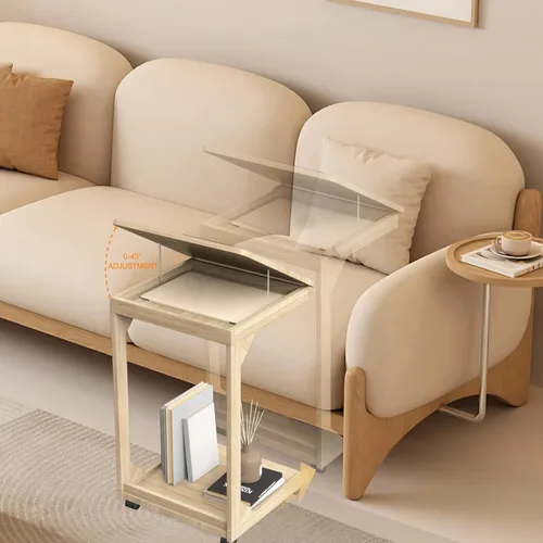 Vista 6 de Mesa de sofá en forma de C, mesa auxiliar con ruedas giratorias de 360°, escritorio inclinable ajustable de 40° para sofá, laptop, café, mesa C
