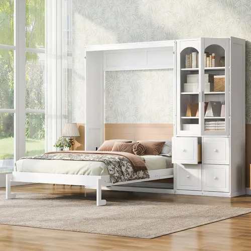 Vista 18 de Cama Murphy de tamaño matrimonial con armario de almacenamiento, ropa y 3 Blanco