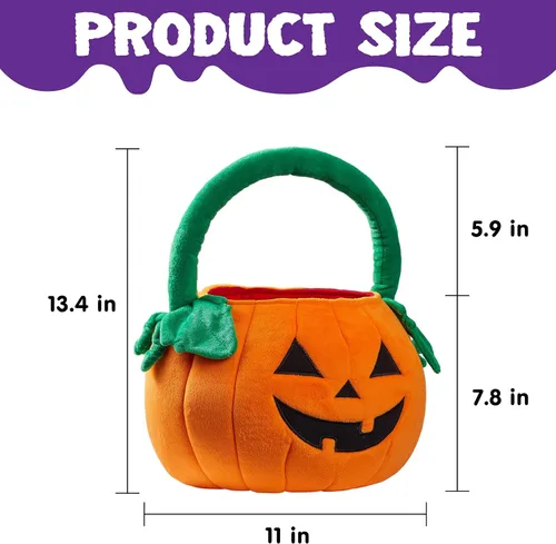 Vista 6 de JOYIN Cubo de felpa de calabaza de Halloween, bolsa de dulces de 11 x 13.4 pulgadas, bonita cesta de Halloween con asa para niños, niñas, niños