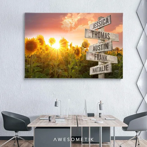 Vista 2 de Awesometik - Lienzo personalizado con varios nombres y girasoles de amanecer, decoración del hogar, regalos enmarcados para él/ella - Awesometik